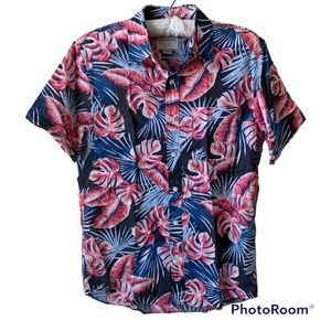 Pink Palm Leaves Blue and Black Background Short Sleeve Button-Up Shirt  Size XS